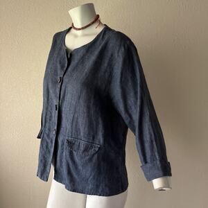 Flax Linen Shacket Women’s Small Button Jacket Pockets Lagenlook Small Blue